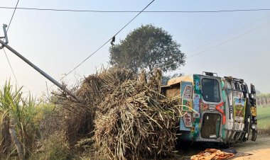गन्ना लदा ट्रक पलटने से उच्च क्षमता के तीन विद्युत पोल टूटे