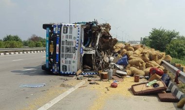 ईपीई पर ट्रक पलटा, आगरा का चालक घायल