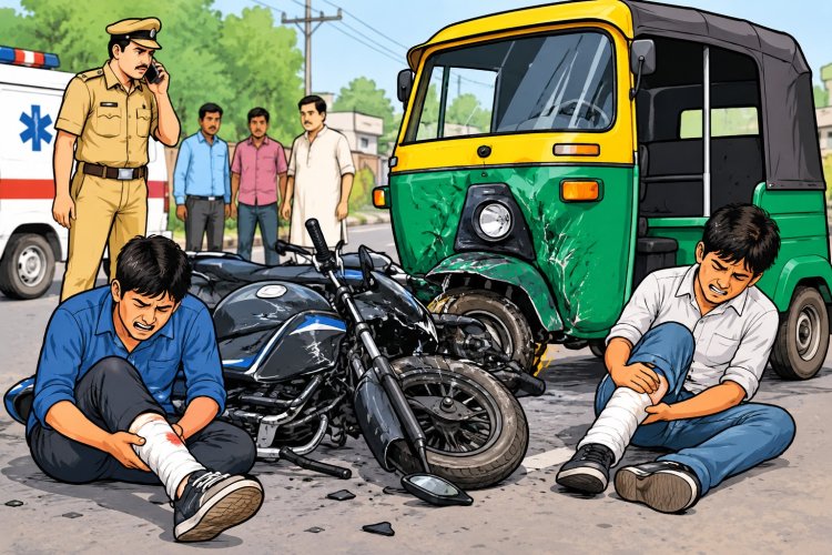 टेंपो की टक्कर से बाइक सवार दो दोस्त गंभीर घायल