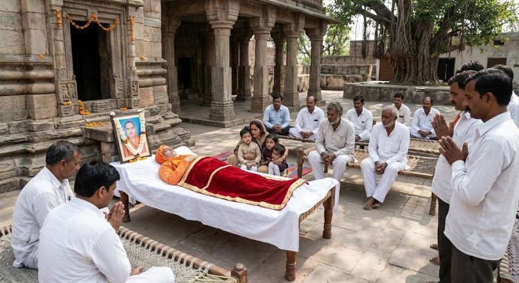 गांव के प्राचीन शिव मंदिर के महंत की मौत से शोक, गमगीन माहौल में मंदिर लाया गया शव