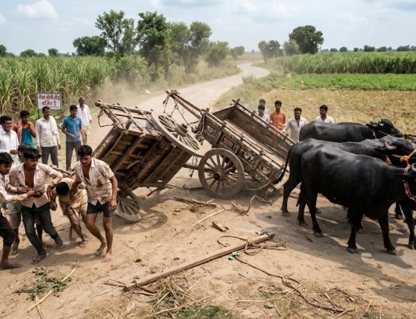 प्रतिबंधित भैंसा बोगी दौड़ में दो बोगियां टकराकर पलटीं, चार घायल